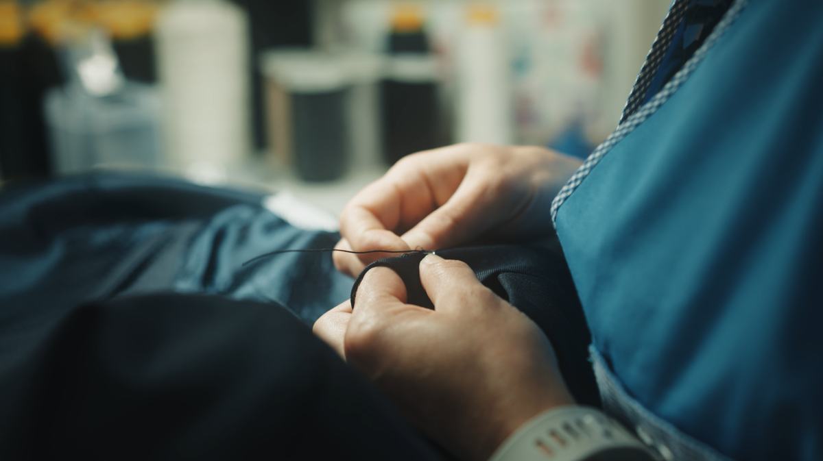 Deux mains cousent à l’aiguille le bord d’un vêtement marine, la doublure bleu vif repliée à côté