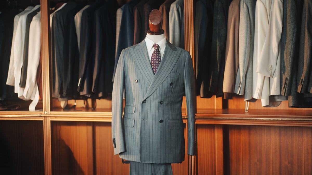 Costume croisé gris à rayures craie, sur mannequin, devant les portants de la boutique